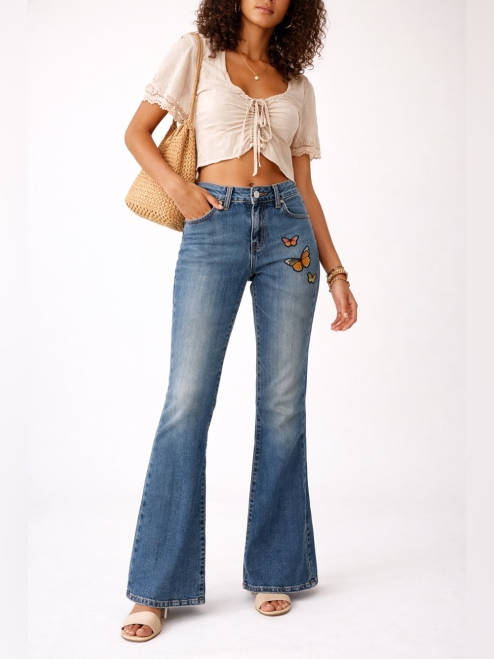 Levi’s 518 Bootcut Jeans Women’s 7M Butterfly Patch Y2K Stretch Flare Blue